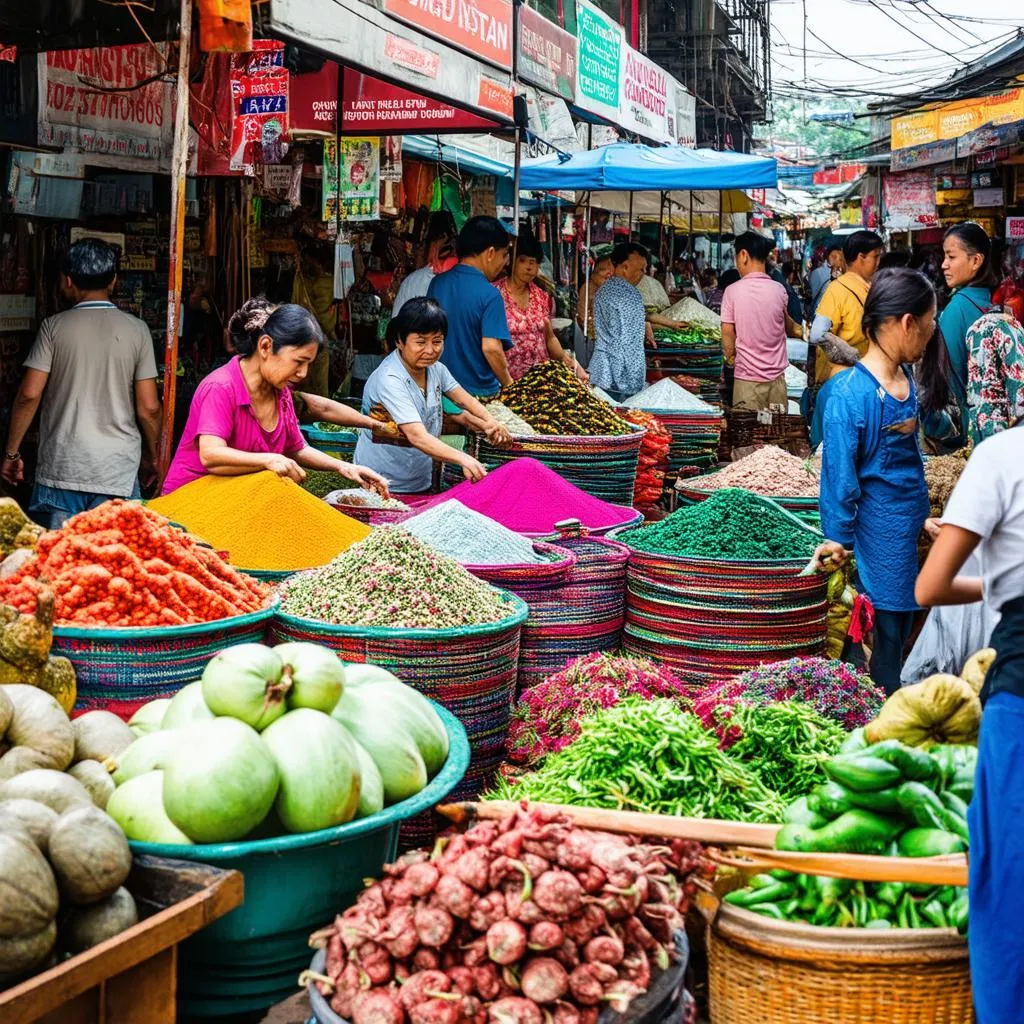 Busy market scene in Lang Son, Vietnam